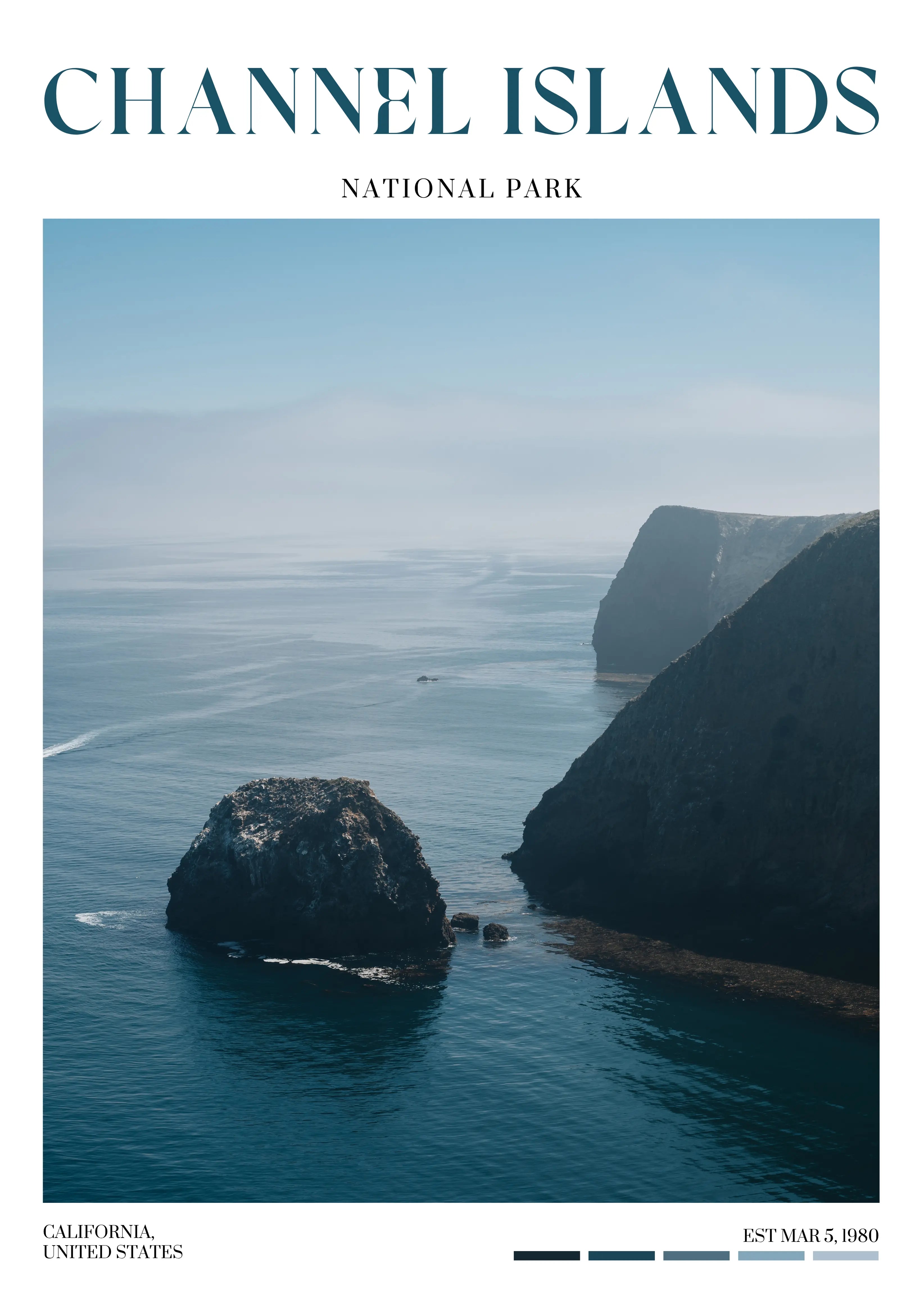 Channel Islands National Park poster featuring coastal cliffs and offshore rocks on Santa Cruz Island, California