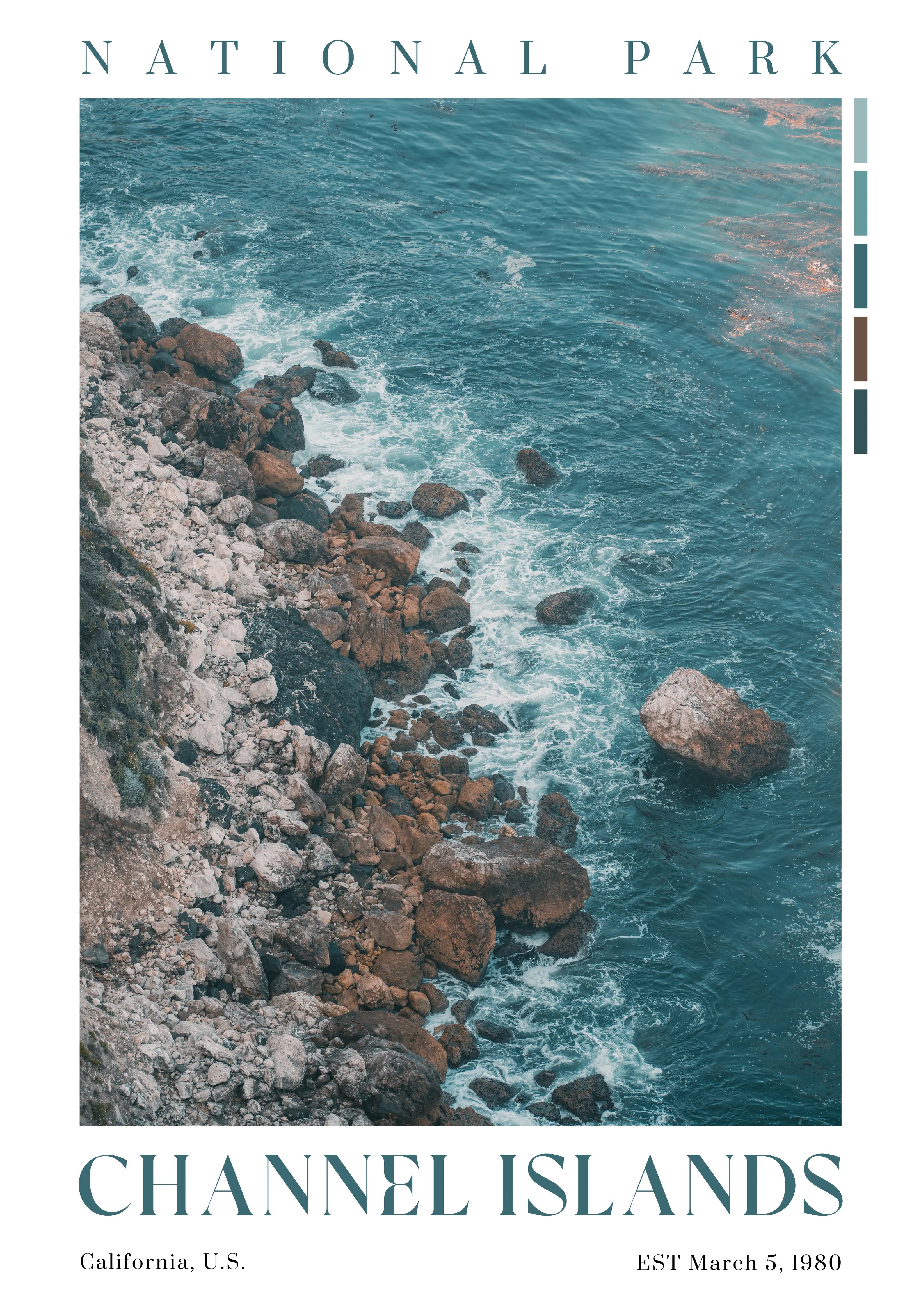 Channel Islands National Park poster featuring the rocky shoreline of Santa Cruz Island, California