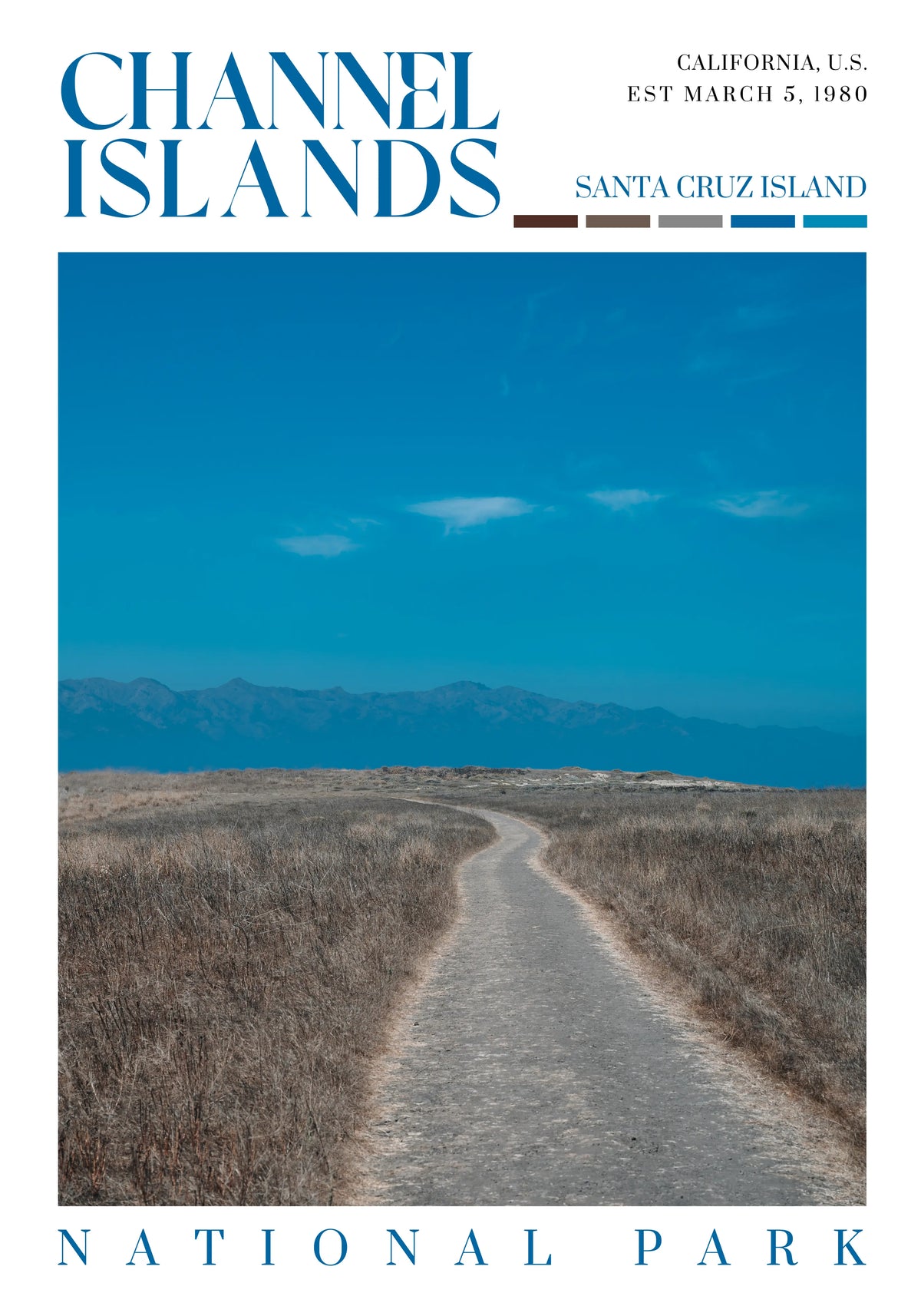 Channel Islands National Park poster featuring a trail through summer fields on Santa Cruz Island, California