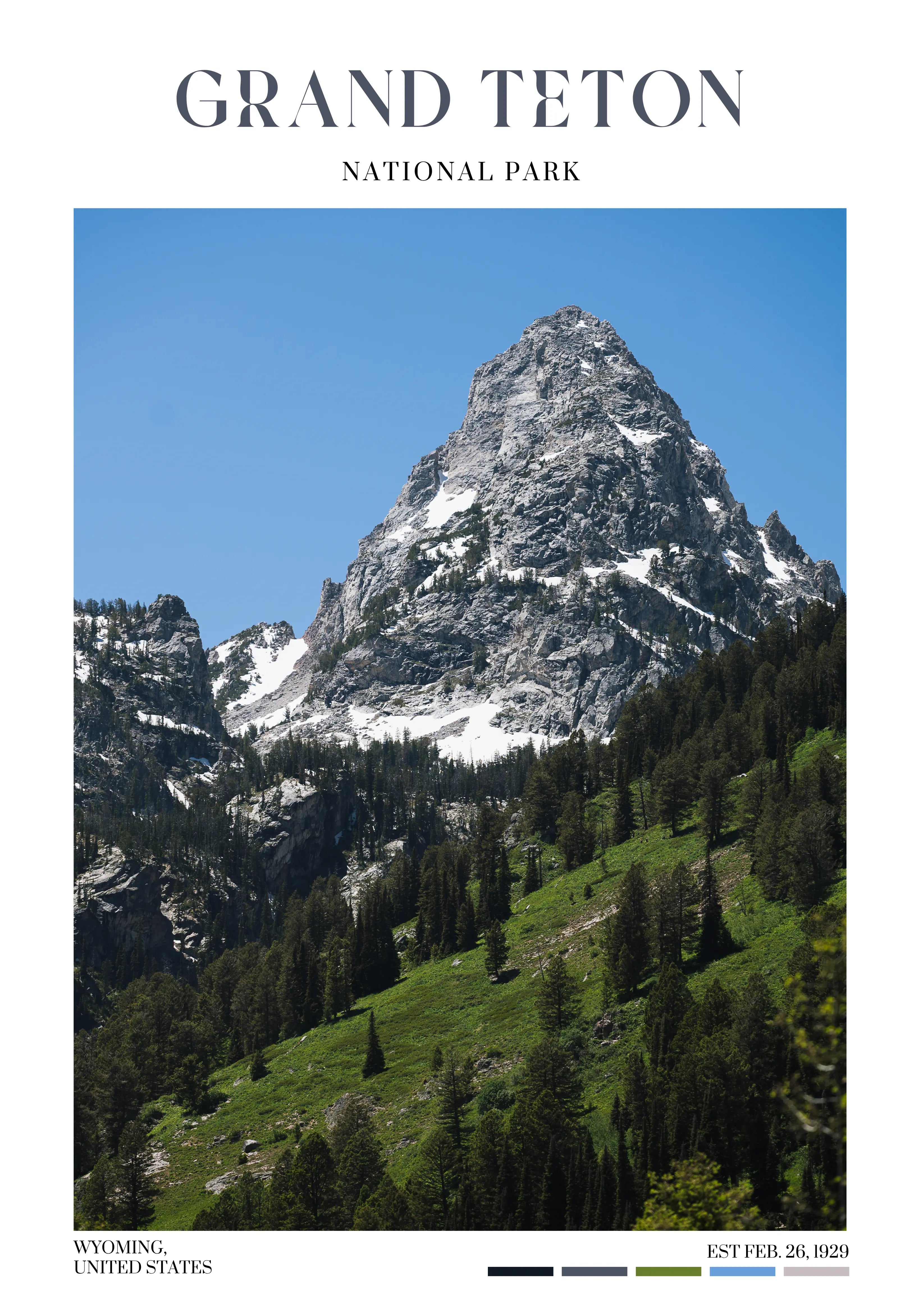 Grand Teton National Park poster featuring the Teton Range above evergreen trees in Wyoming