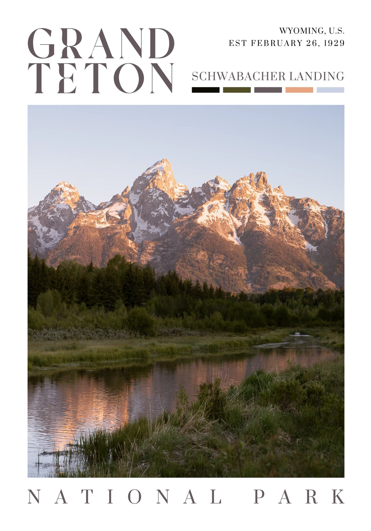 Schwabacher Landing sunrise Grand Teton National Park poster with Teton Range reflection