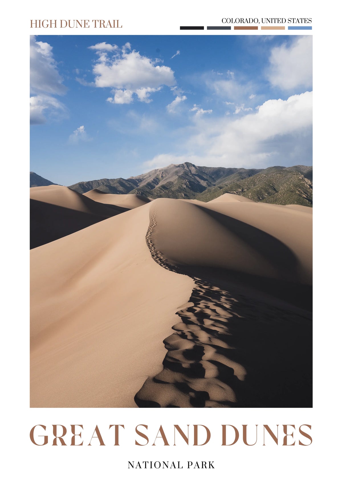 Great Sand Dunes National Park poster featuring High Dune Trail and mountain views in Colorado