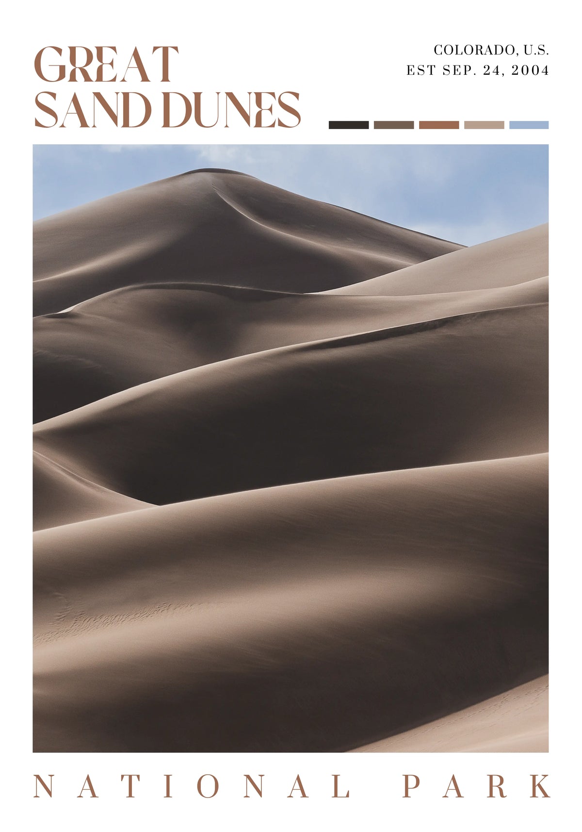 Great Sand Dunes National Park poster featuring layered dune ridges in Colorado