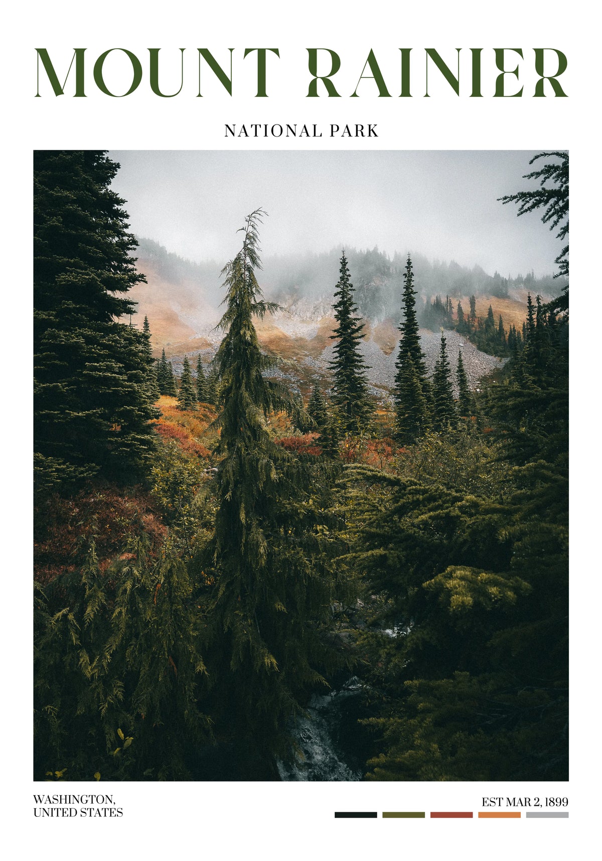 Mount Rainier National Park poster featuring misty evergreens along Skyline Trail in Washington
