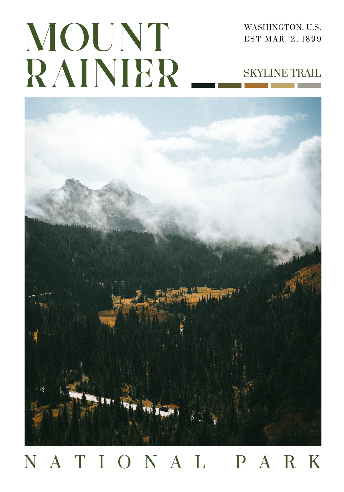 Mount Rainier National Park poster with roadway, mountain peaks emerging from mist, and warm sunlight along Skyline Trail