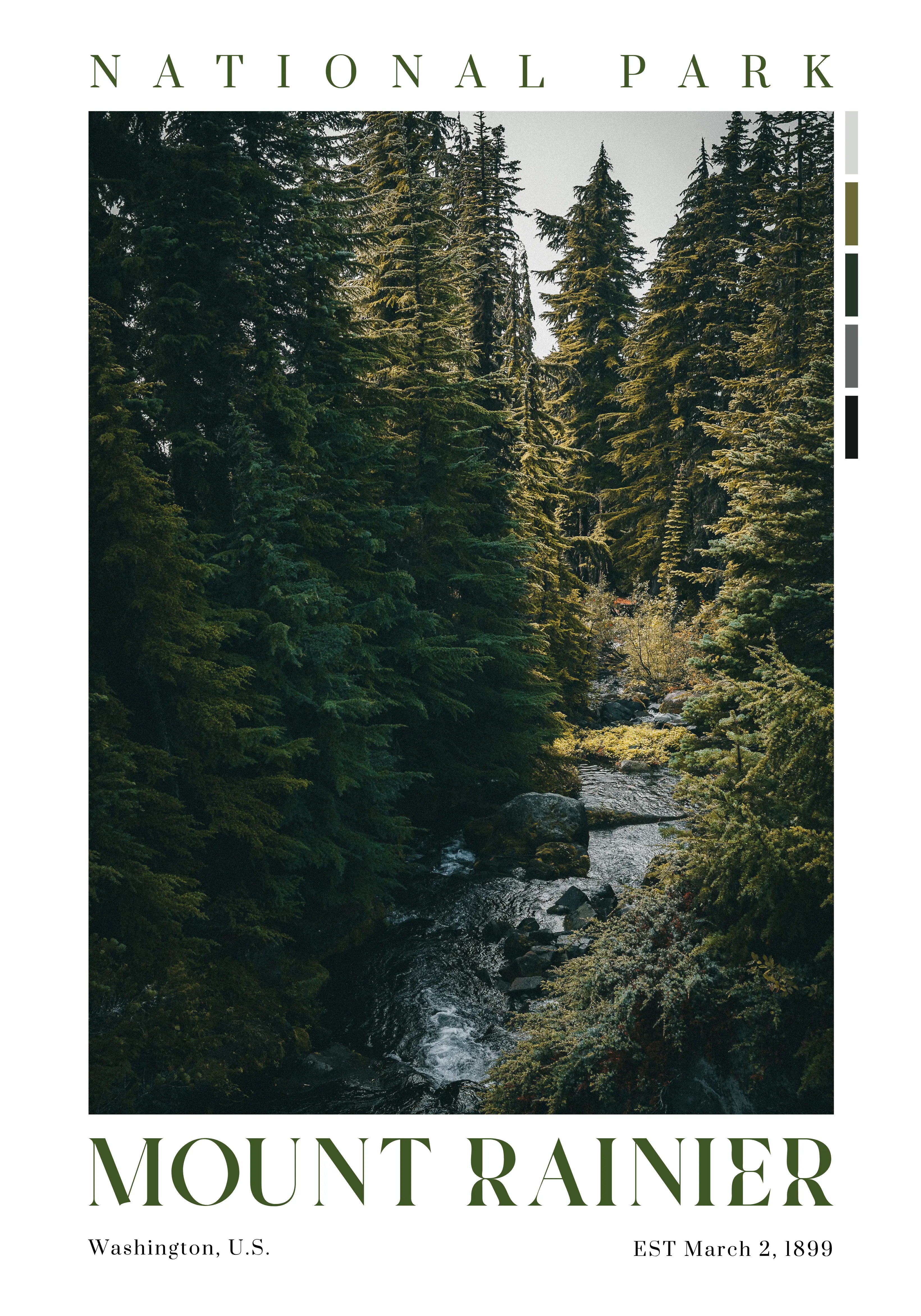 Mount Rainier National Park poster featuring a winding creek and evergreen forest along Skyline Trail in Washington