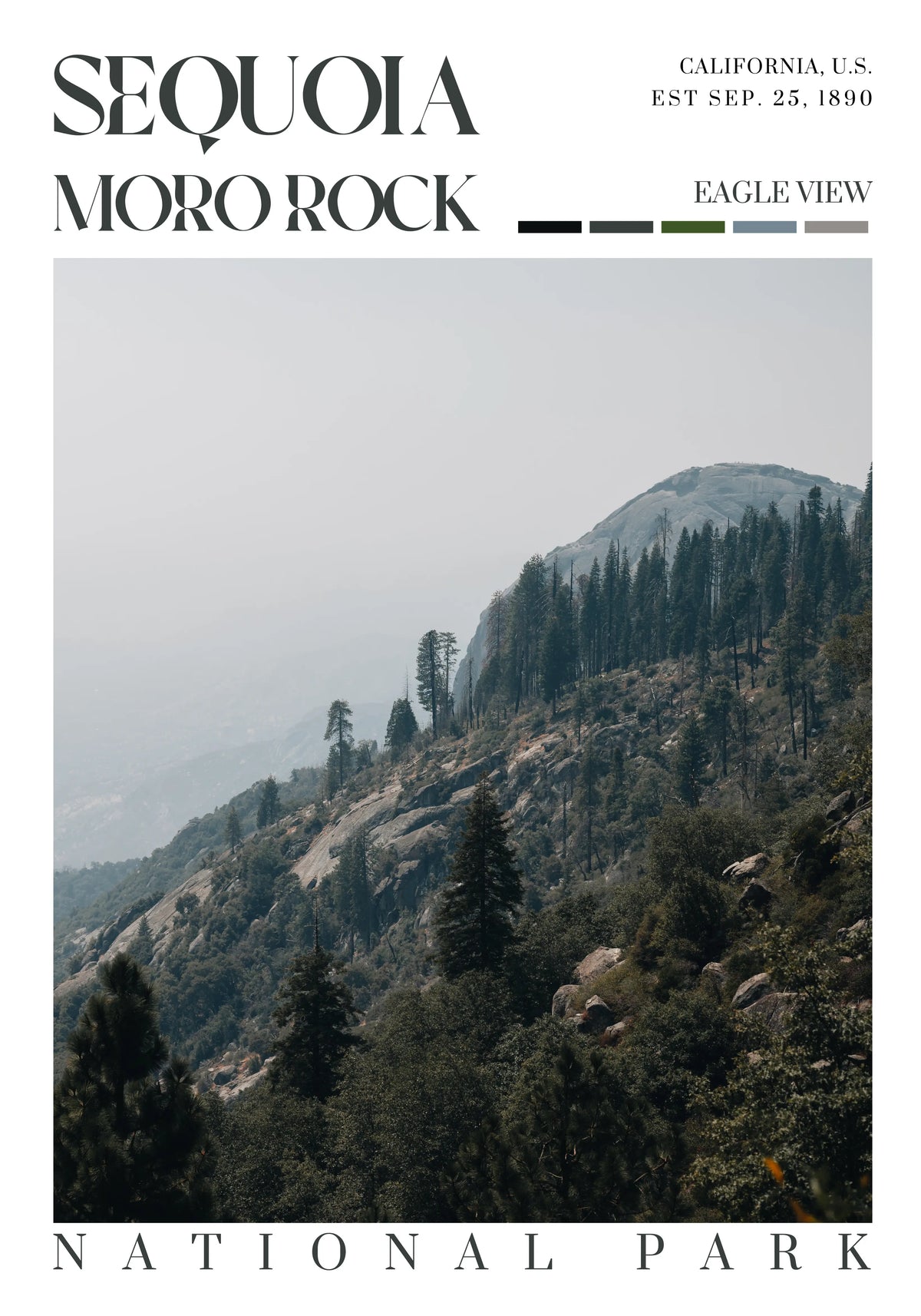 Sequoia National Park poster featuring Moro Rock and Sierra Nevada scenery in California