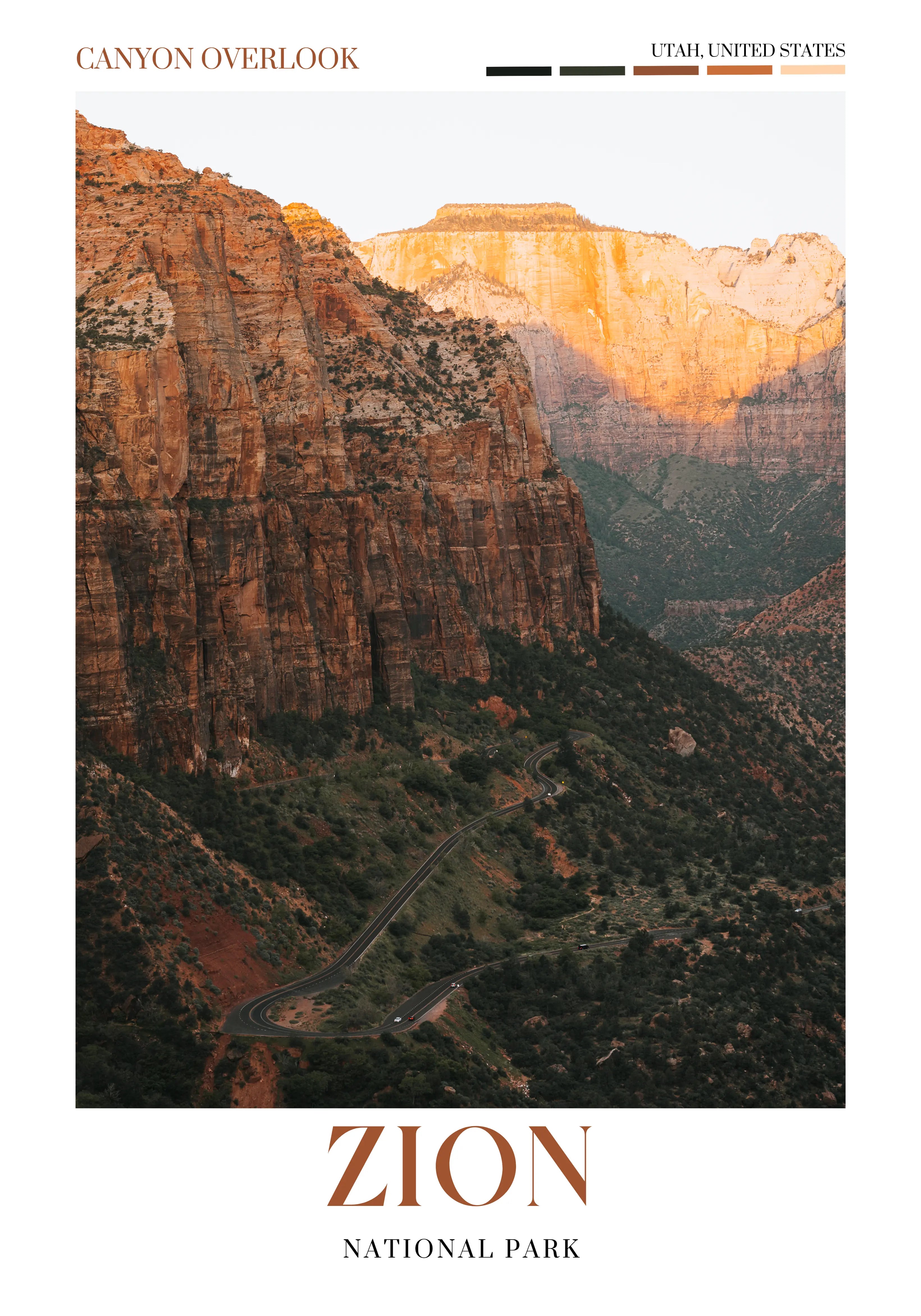 Zion National Park poster featuring the view from Canyon Overlook in southern Utah