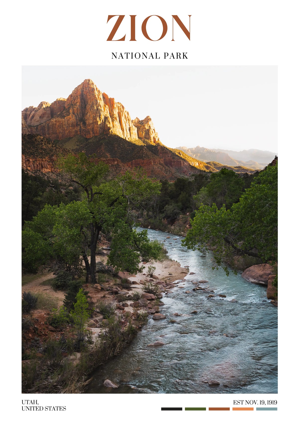 Zion National Park poster featuring The Watchman above the Virgin River at sunset in Utah